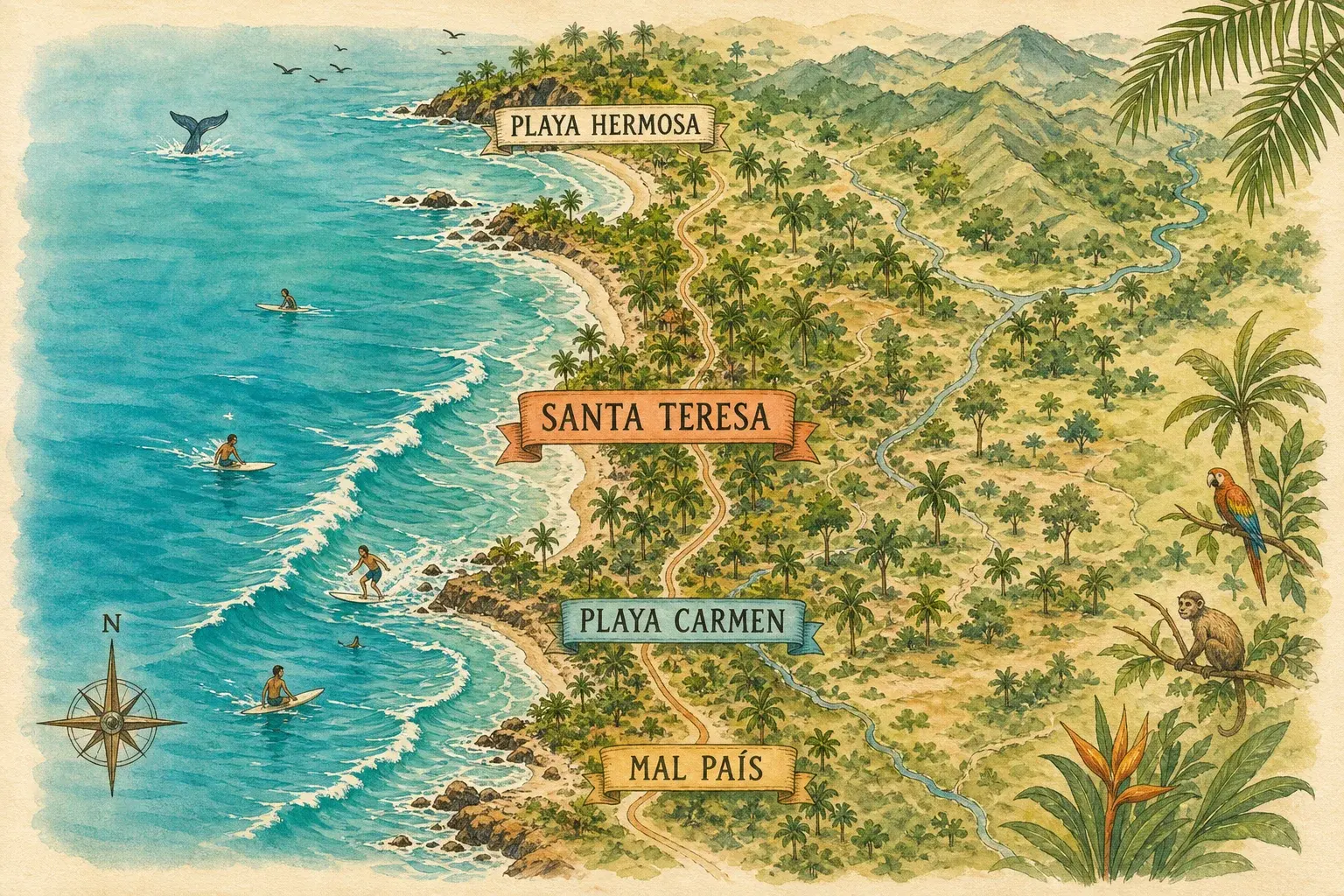 Illustrated map of Playa Hermosa, Santa Teresa, Playa Carmen and Mal País