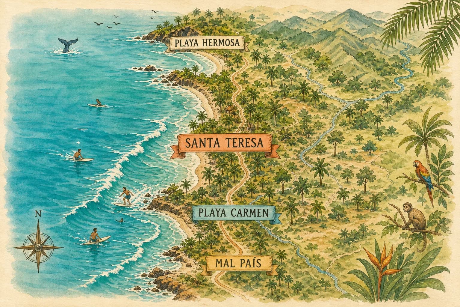 Illustrated field map of Santa Teresa and the southern Nicoya Peninsula