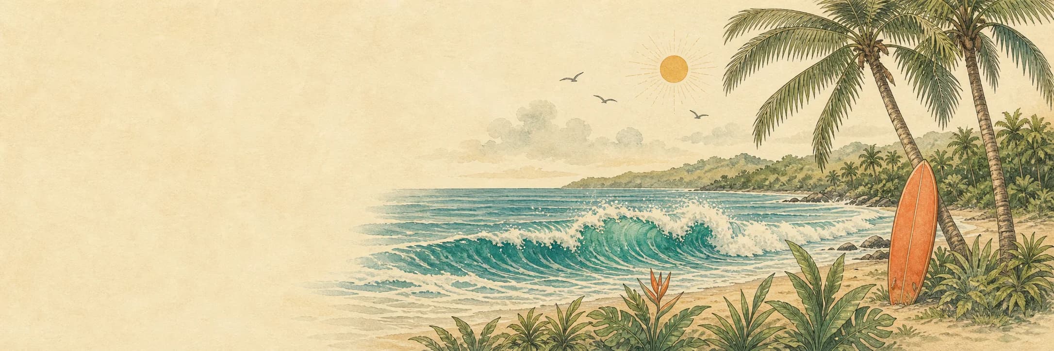 Illustrated Santa Teresa coast with palms, surf and warm morning light