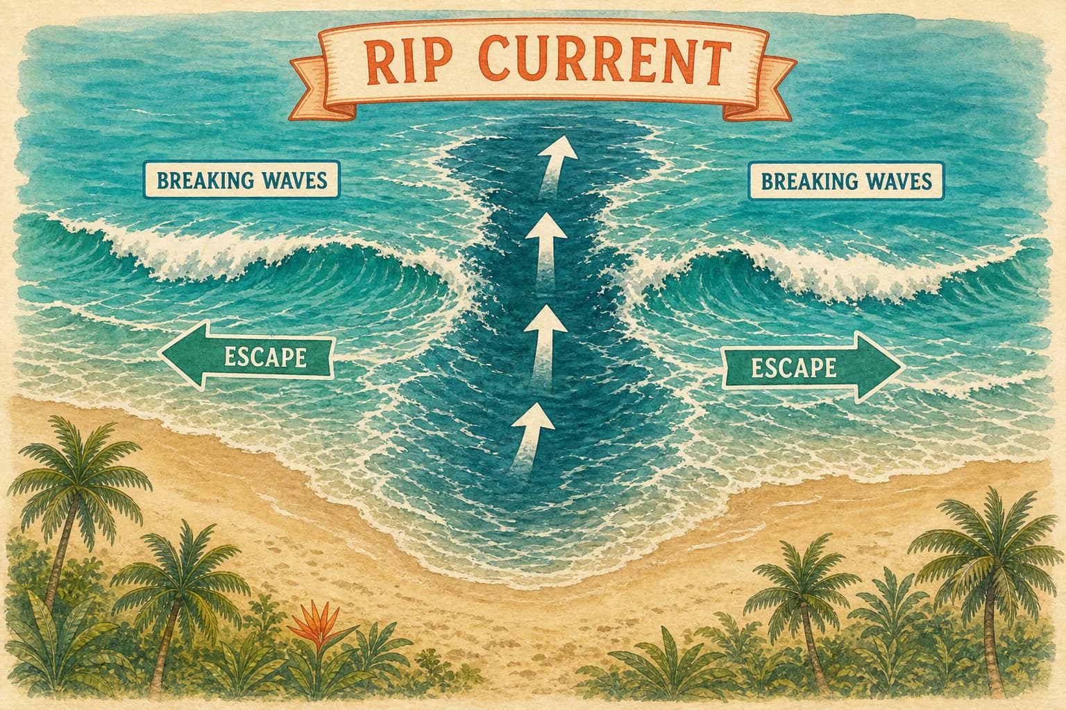 Illustration showing a rip current flowing away from shore and escape routes parallel to the beach