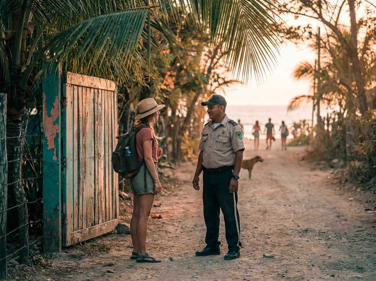 A traveler speaking with a local safety officer near the beach in Santa Teresa