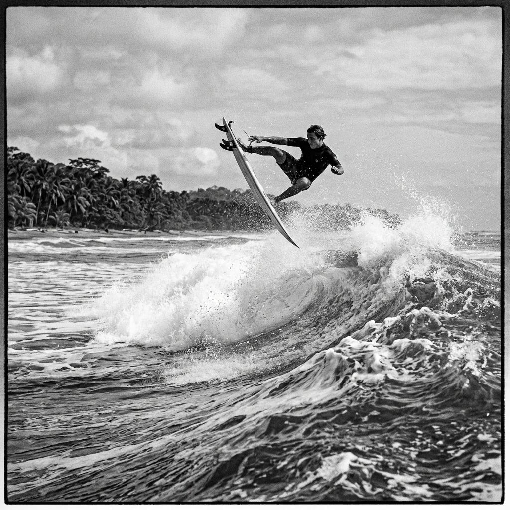 A surfer riding a wave on the Santa Teresa coast